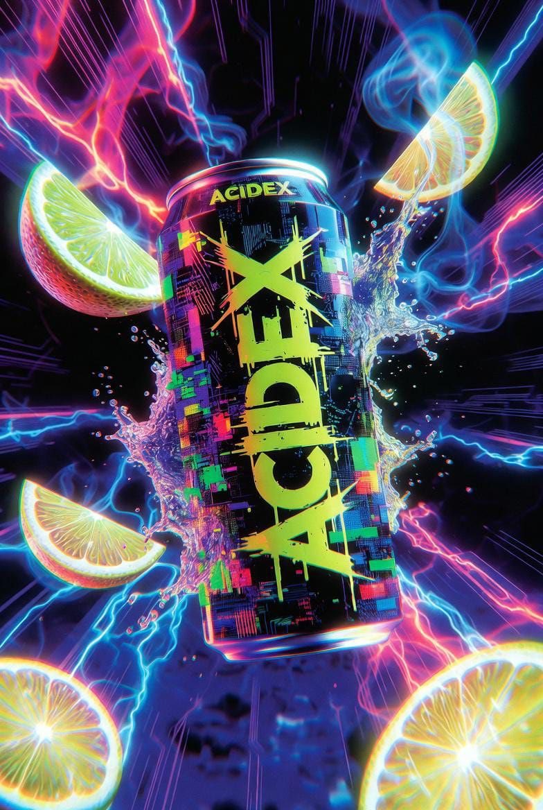 Hyper-Realistic Neon Energy Drink Product Shot Prompt 2