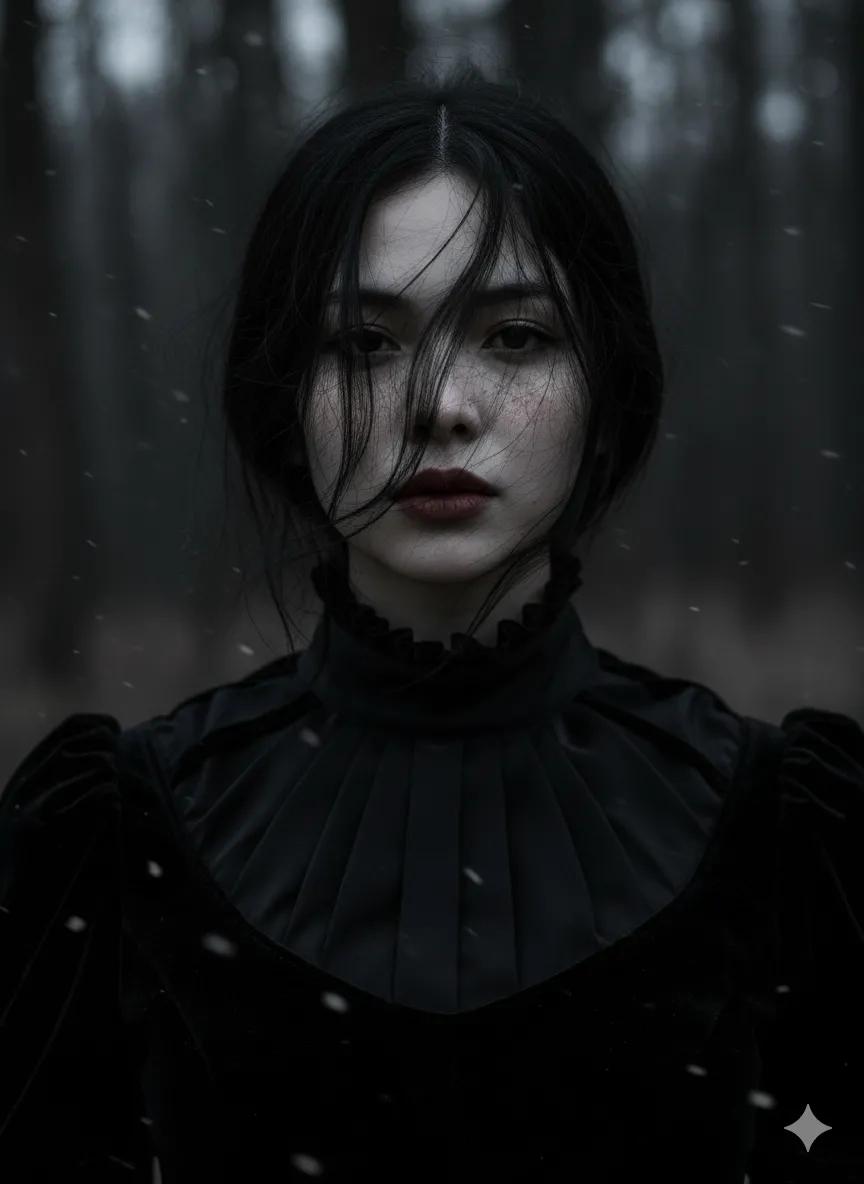 Gothic Ethereal Portrait in Snowy Forest