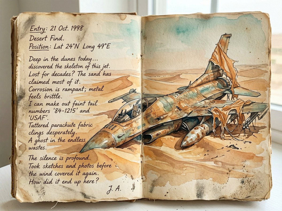 Loose Watercolor of a Half-Buried Fighter Jet in Desert Dunes 4
