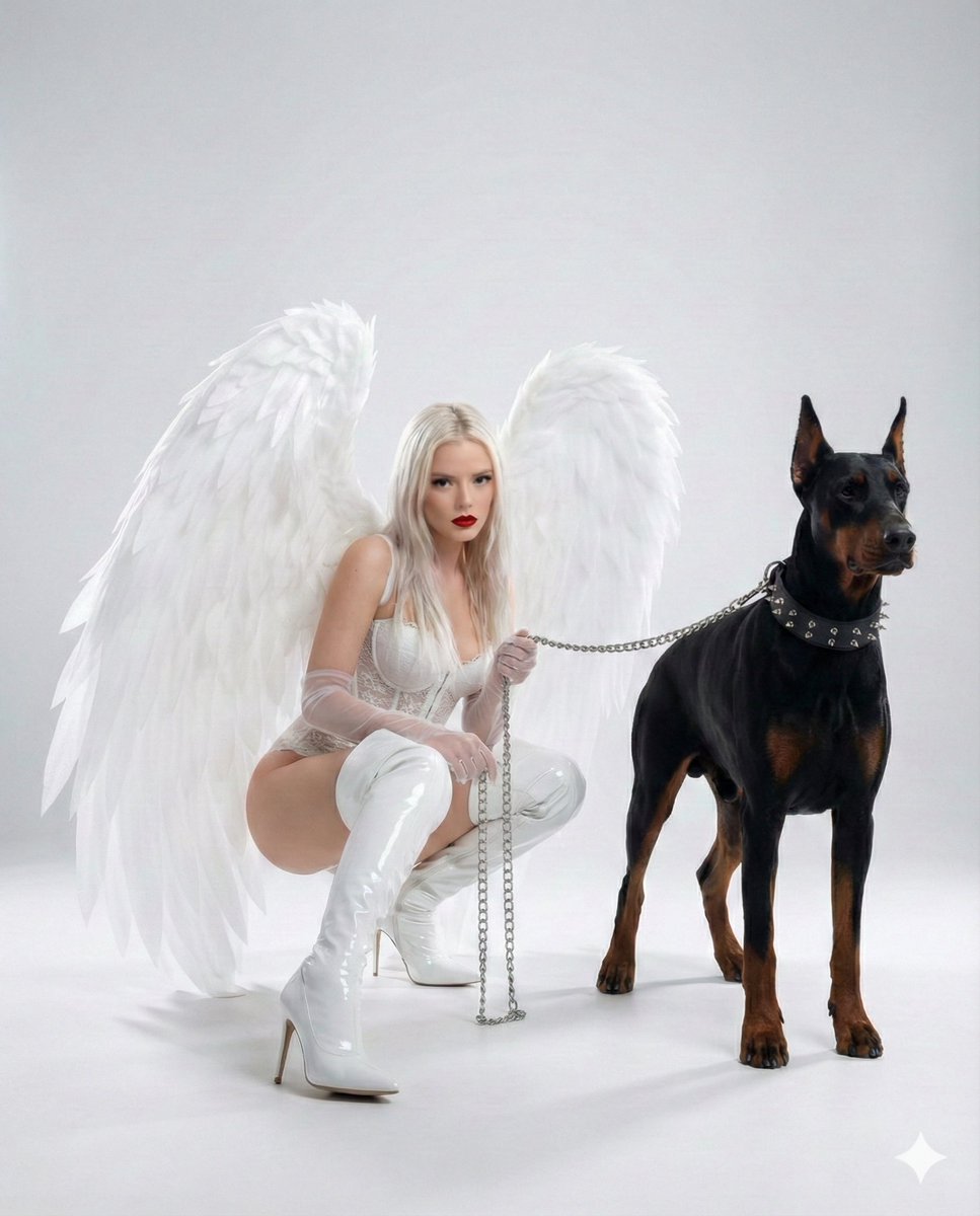 Dark Glamour Fashion Editorial with Wings and Doberman