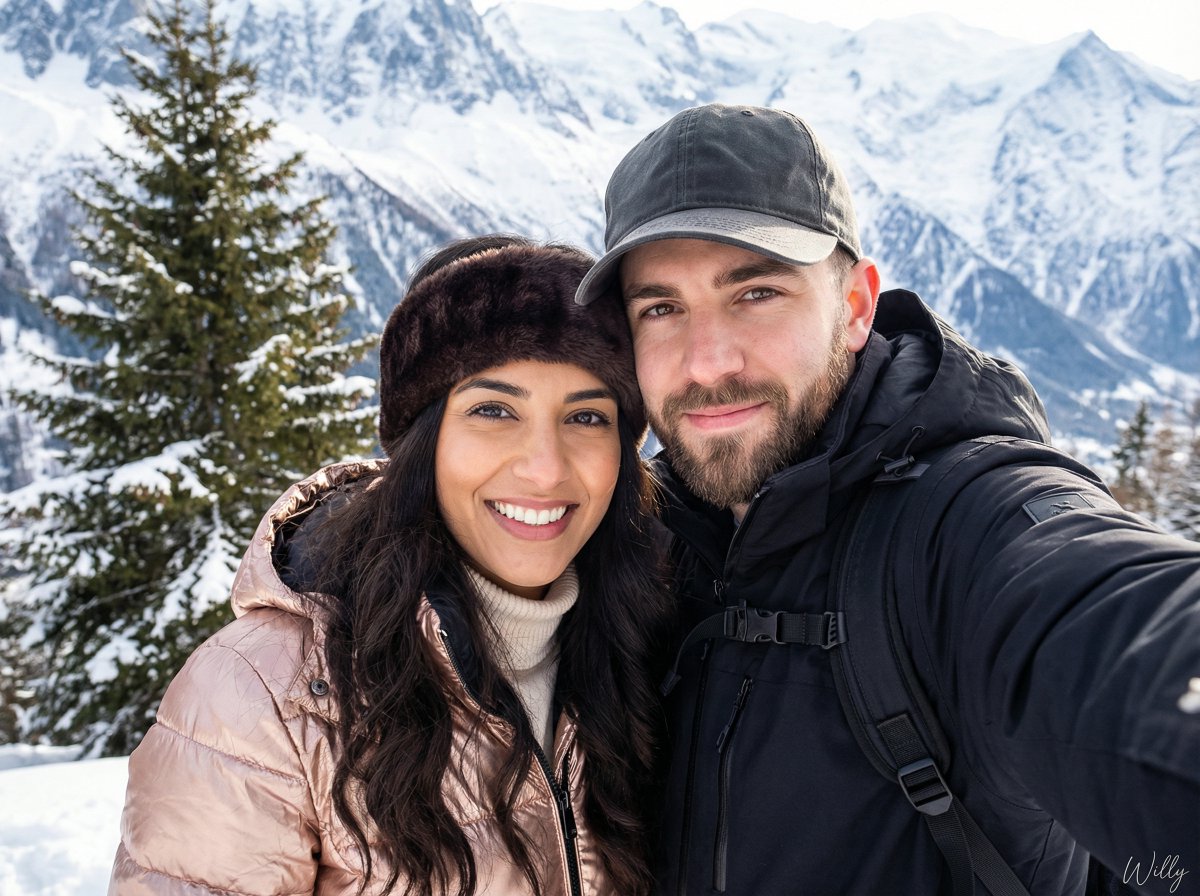 Happy Couple Snowy Mountain Selfie Prompt