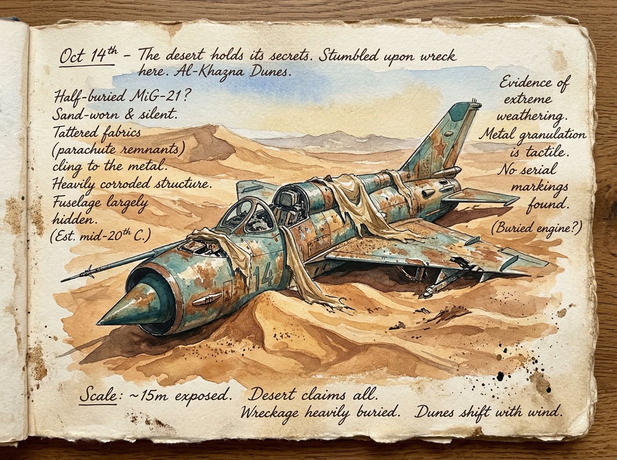 Loose Watercolor of a Half-Buried Fighter Jet in Desert Dunes 3