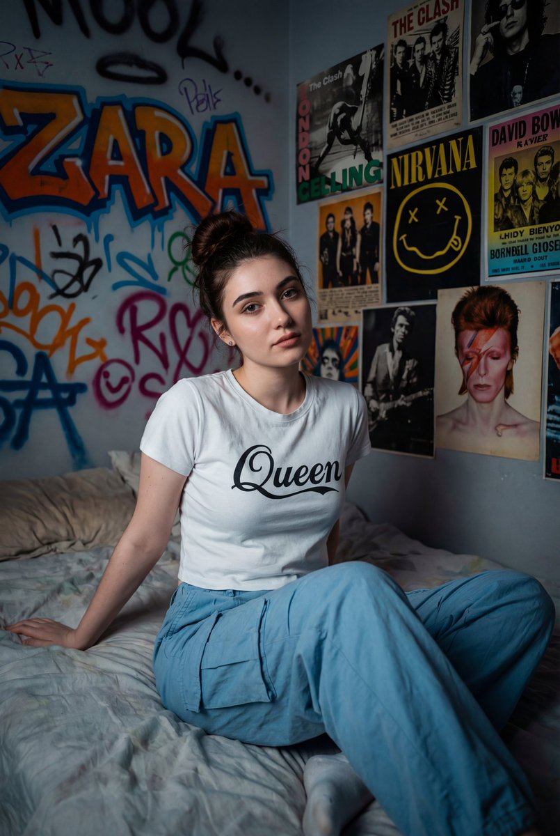Cinematic Portrait of a Woman on a Messy Bed with Graffiti Background