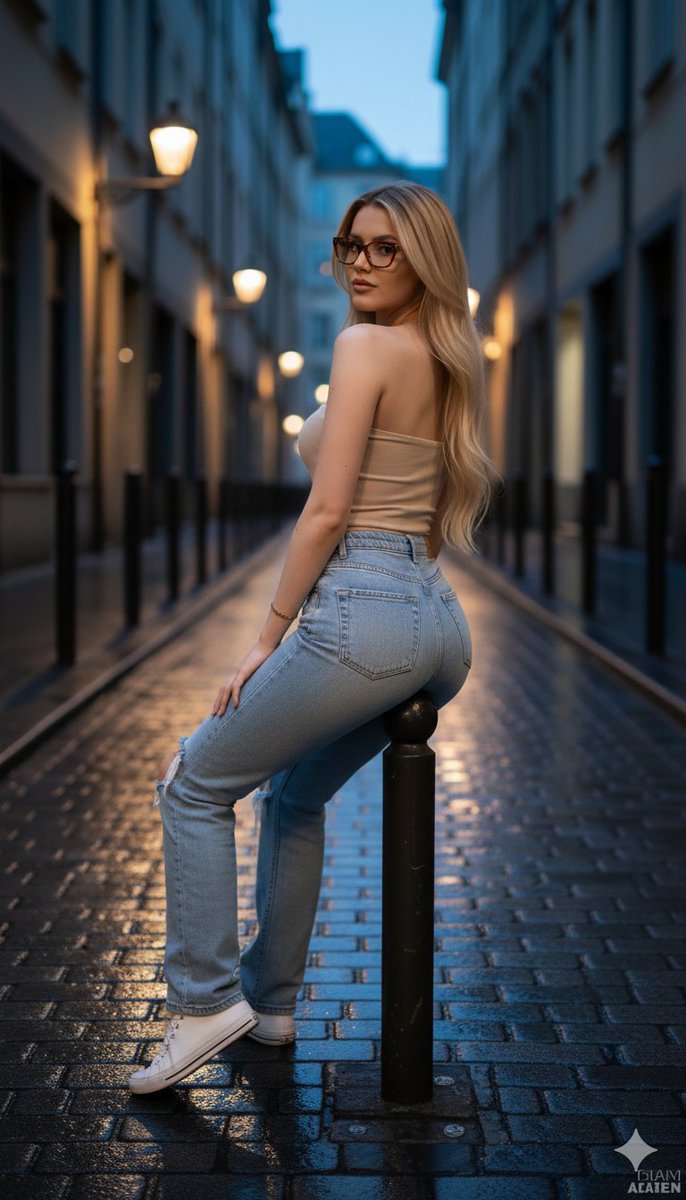 Hyper-realistic twilight portrait in a European alleyway 2