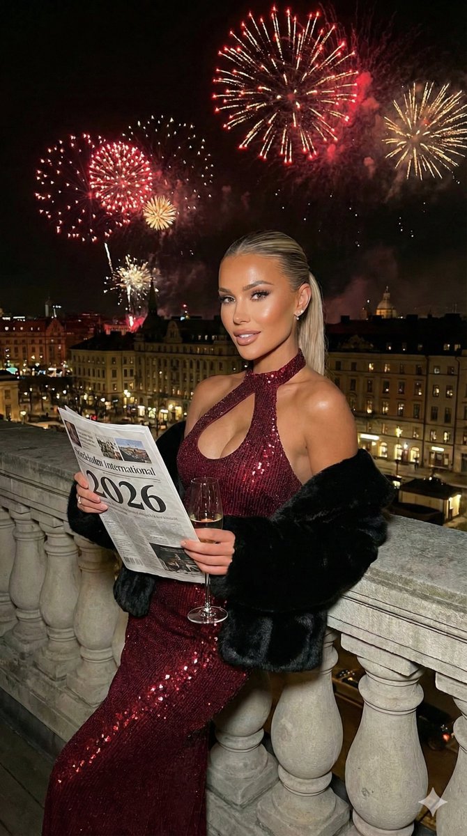 Glamorous Nighttime Balcony Portrait with Fireworks